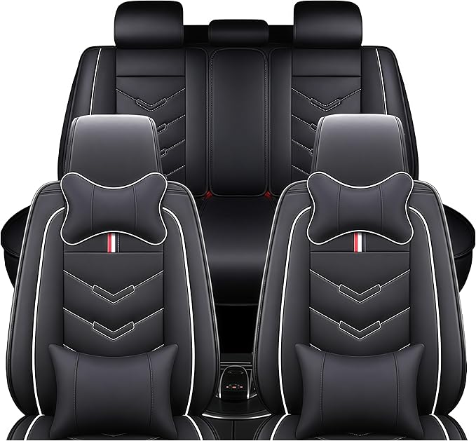 Leather Car Seat Covers Fit for LR LR4 2009-2016, 5 Seater Waterproof and Wear-Resistant Seat Cover Interior Accessories(Full Set with Pillow,Black&White)
