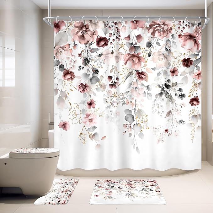 4 PCS Pink Floral Flower Shower Curtain Set 72Wx72H Inch Watercolor Pastel - Image 3