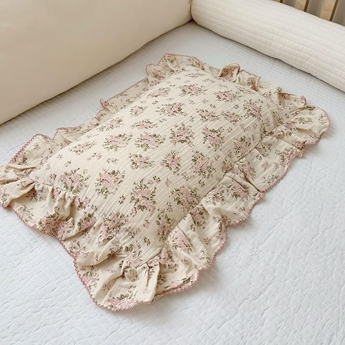 BuLuTu Muslin Toddler Kids Pillowcases Standards Size Pillow Cases for Toddlers Bed, Pink Floral Girls Boys Pillow Covers Fit for Children Pillow Sized 20"x26", Envelope Closure