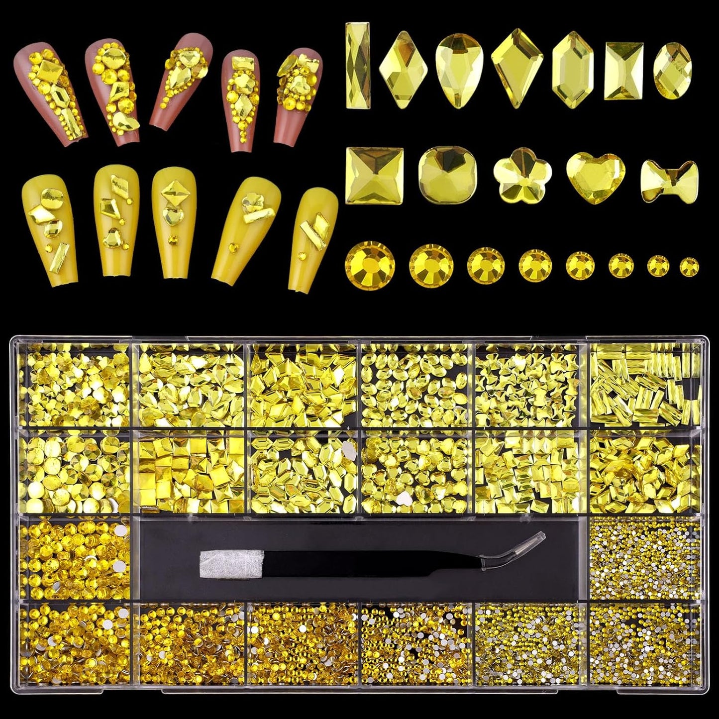 3100Pcs Professional Nail Art Rhinestones Kit for Nail,Mix 20 Styles Flatback Rhinestone,600 Diamonds + 2500 Round Beads, 3D Flat Back Gemstones for Nail DIY Crafts with Tweezers Pen(Lemon Yellow)