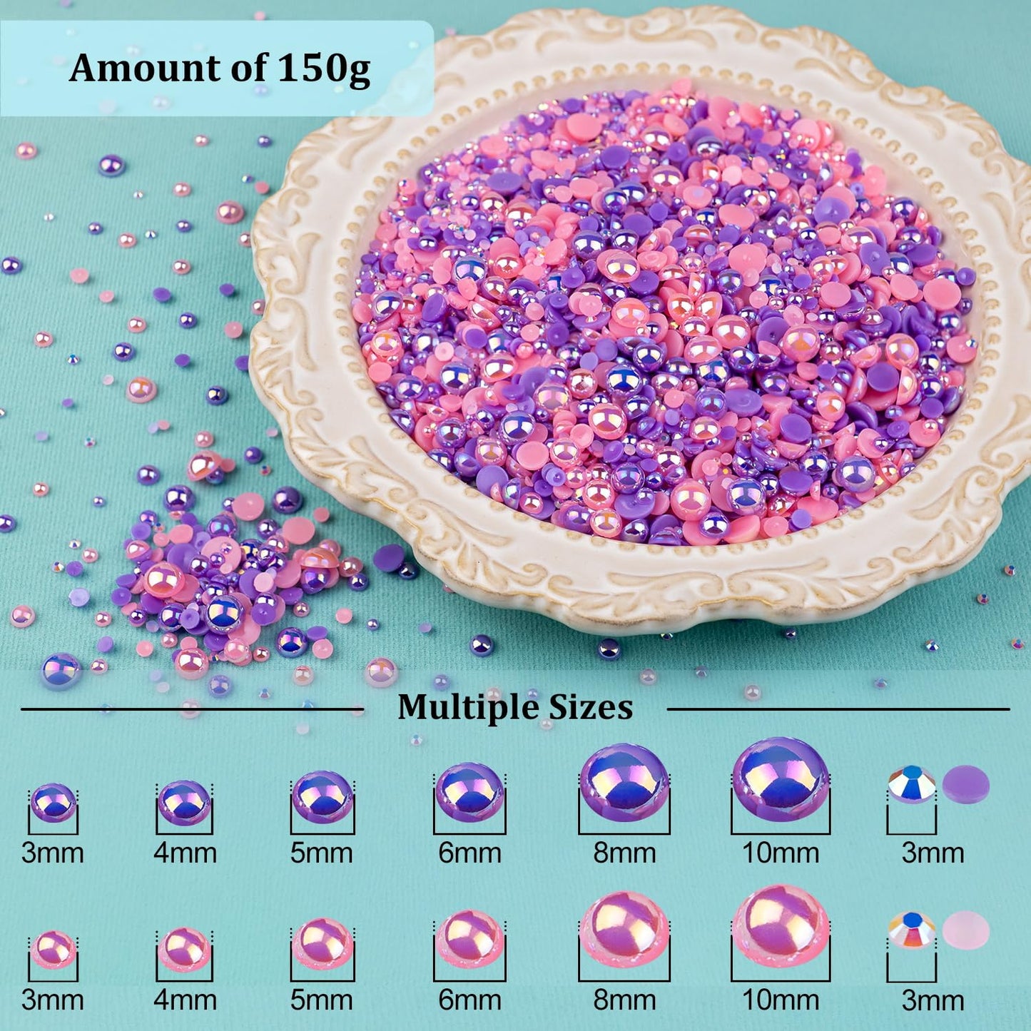 150g Flatback Pearls and Rhinestones Set 3-Purple&Pink, Mixed Size 3-10mm Resin Rhinestones and Half Pearls for Nail Art and Crafts and Decoration with Tweezer and Pickup Pencil