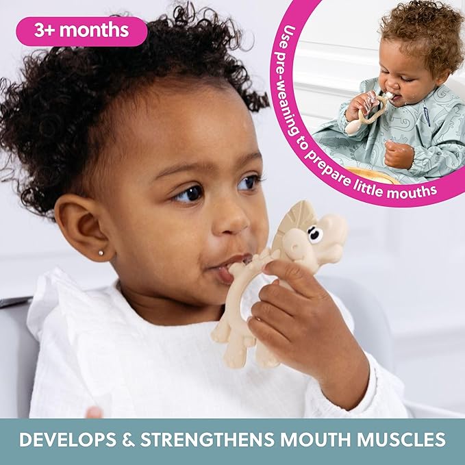 Bibado - Dotty The Dinosaur Teething Toys, Fawn - Multi-Sensory Teether - BPA Free Baby Toy - Strengthen Mouth Muscles & Learn Feeding - Dentist Approved - Baby Essentials & Baby Toys - 3 Months+