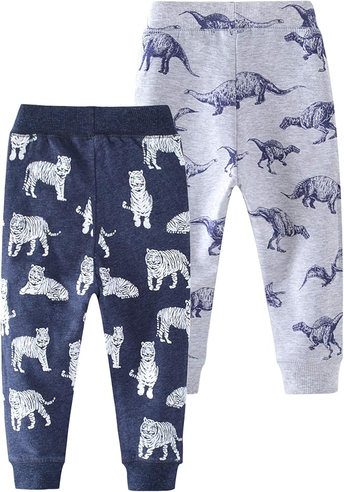 HUAER& Baby Boy's Jogger Pants Dinosaur Car Animal Print Drawstring Elastic Sweatpants 2-Pack