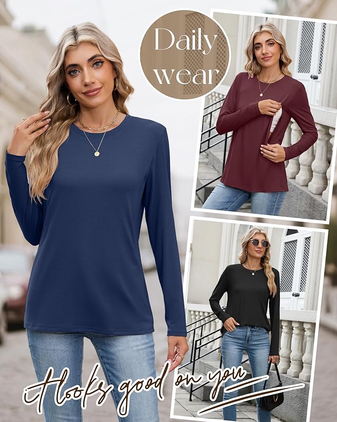 4 Pack Women's Nursing Breastfeeding Tops, Long Sleeve Maternity Shirts Loose Fit Hidden Zipper Pregnancy Clothes