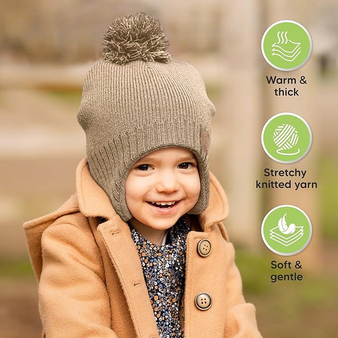 Baby Beanies, Baby Hats for Boys, Girls - Cute Toddler Winter Hat, Soft & Stretchy Beanies for Infant, Newborn 0-6 Months, Cozy & Warm with Earflap Muff & Pom (Taupe, S)