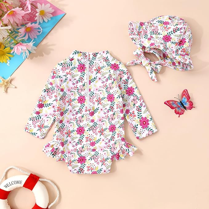 Infant Baby Girl Swimsuit One-Piece Long Sleeve Rash Guard with Hat Set Floral Zipper Bathing Suit Leopard Beach Wear