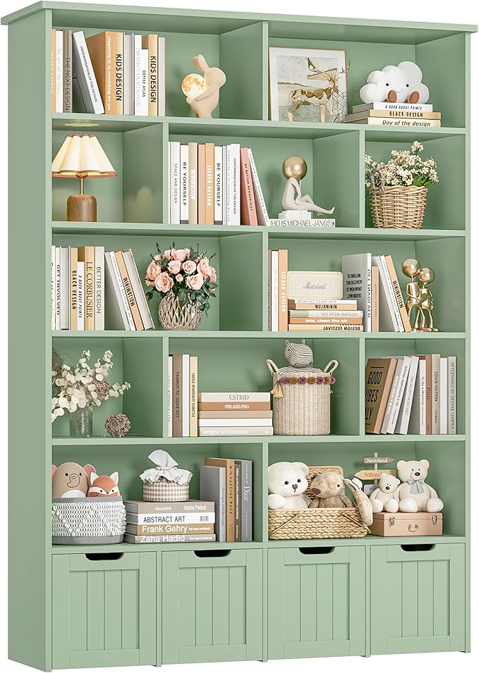 FINETONES 69" H Toy Storage Organizer, 6 Tier Tall Kids Bookshelf with 4 Movable Drawers and 12 Storage Cubbies, 49.4" W Toy Organizers and Storage Organizer Playroom Storage for Kids Room, Green