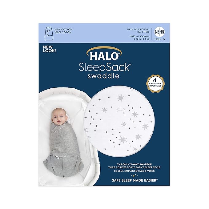 HALO 100% Cotton Sleepsack Swaddle, 3-Way Adjustable Wearable Blanket, TOG 1.5, Midnight Moons Grey, Newborn, 0-3 Months