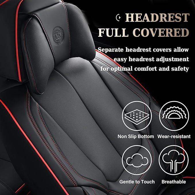 Coverado Universal Seat Covers Front, 2-Pack Universal Seat Covers for Cars, Waterproof Nappa Leather Car Seat Covers with Head Pillow, Auto Protectors Fit for Most Sedans Pick-up Truck-Black&Redline