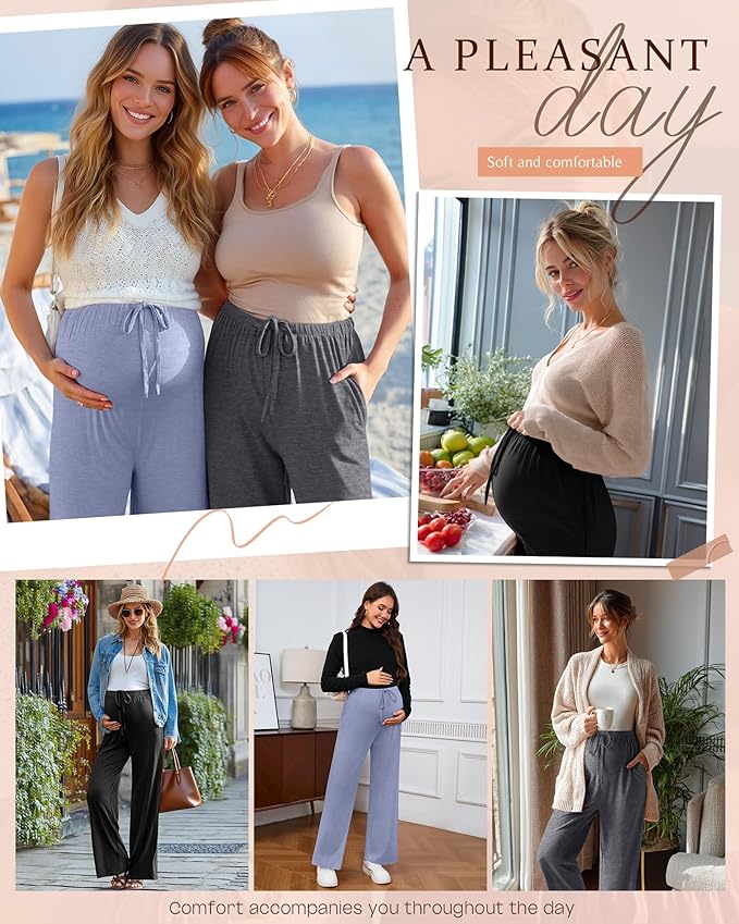 3 Pack Maternity Pants for Women Over The Belly Lounge Work Pregnancy Pants Drawing Wide Leg Trousers with Pockets