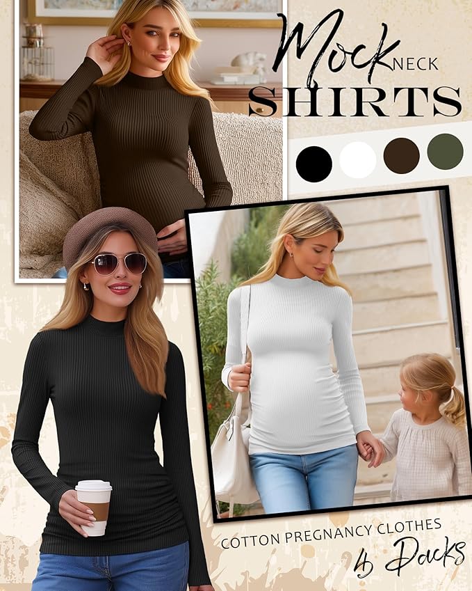 4 Packs Womens Maternity Shirts Long Sleeve Cotton Ribbed Pregnancy Mock Neck Side Ruched Workout Tops for Mama