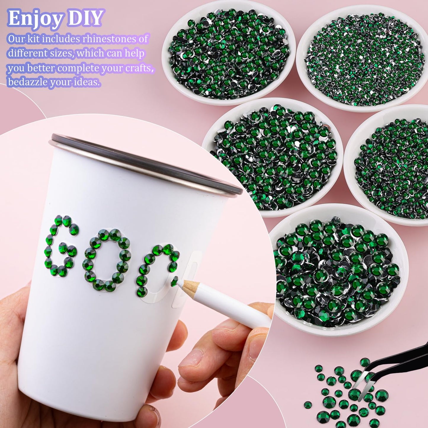 25000Pcs Resin Rhinestones for Crafting, Emerald Green 2-6mm Mixed Sizes Non Hotfix Flatback Gems, Bedazzling Crystal for DIY Crafts Clothing Tumblers Mugs Shoes Fabric Nail Art