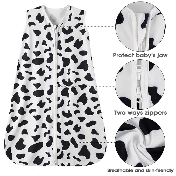 Baby Sleep Sack 0-6 Months Baby Wearable Blanket 100% Rayon Cotton 2-Way Zipper Toddler Sleeping Sack，Comfy Soft Lightweight TOG 0.3（Cow Print）