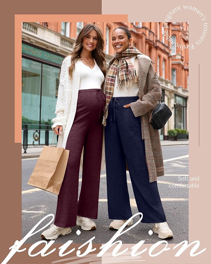 3 Pack Maternity Pants for Women Over The Belly Lounge Work Pregnancy Pants Drawing Wide Leg Trousers with Pockets