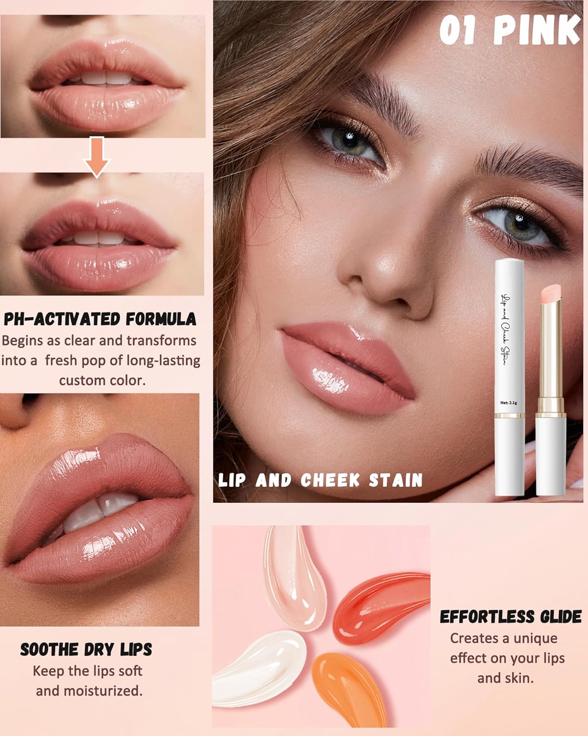 PH Color Changing Lipstick, Waterproof Temperature Color Change Lip Balm, Multi-Use Lip and Cheek Tinted Lip Gloss, Long-Lasting Hydrating Moisturizing Lip Tint, Festival Makeup Gift for Women-01 Pink