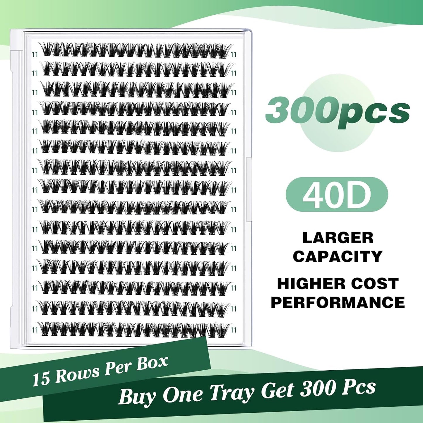 Lash Clusters 300pcs Individual Lashes 40D 0.07D Curl 11mm DIY Eyelash Extension KEYYOU Large Tray Volume Soft&Natural Cluster Lashes(40D-0.07D,11）