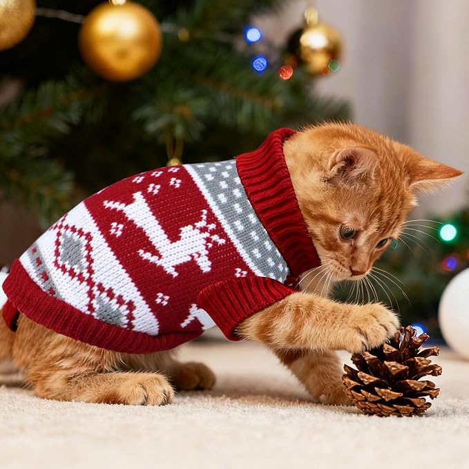 Cat Christmas Sweater Pet Winter Warm Coat Pajamas Reindeer Snowflake Knitwear - Image 2