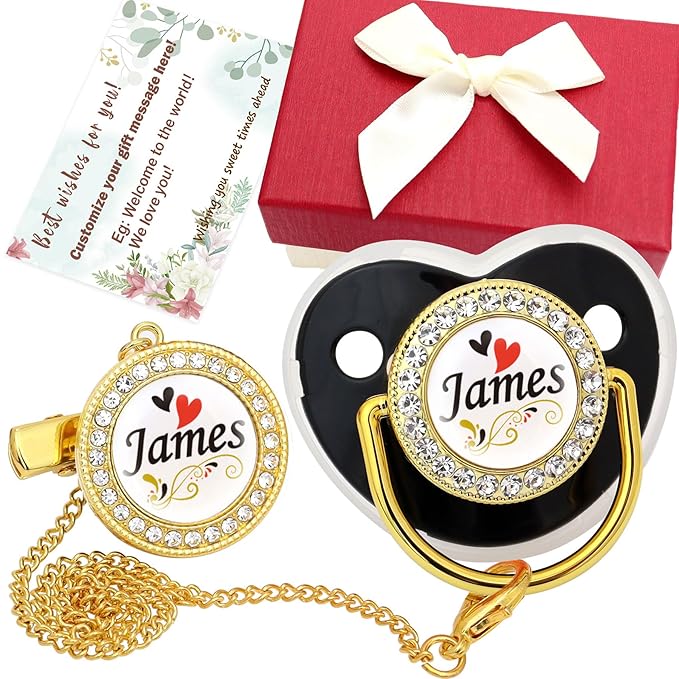 Personalized Pacifier Set with Name, BPA Free, Bling Gold Silver Pink Rose Gold Luxurious Ideal Gift for Newborns (Black)