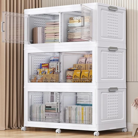 BROVIEW 600Qt Plastic Storage Bins with Lid and Wheels, 3Pack Extra Large Stackable Storage Bins with Dividers,Closet Organizers and Storage Cabinet Collapsible Box Shelves for Home Kitchen,White