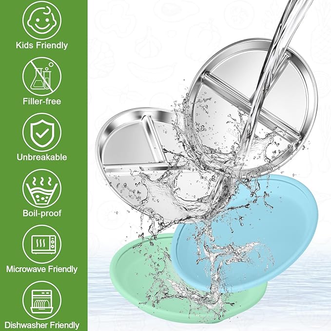 BUSOHA 3 Pack Stainless Steel Kids Plate with Suction - 8.1” Divided Toddler Baby Plates with Silicone Sleeves Non-Slip 2-in-1 Anti Breakage Metal Toddler Bowls Microwave Dishwasher Safe