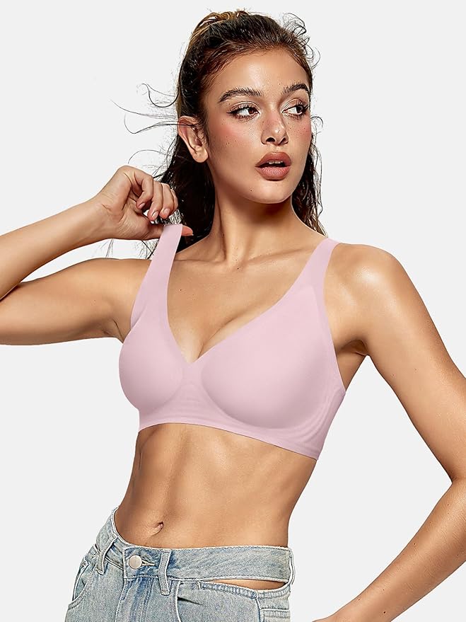 OEAK Womens Deep V Bras Wireless Comfortable Bra Supportive No Underwire Bras Tshirt Push Up Bralettes Plunge Seamless Bra
