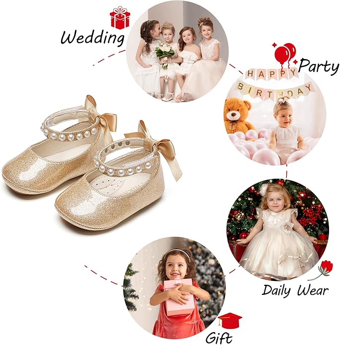Baby Girls Mary Jane Flats - Infant Newborn Walking Shoes Soft Rubber Sole Princess Wedding