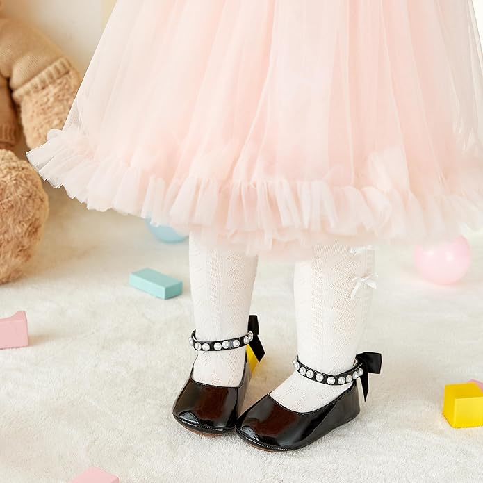 Baby Girls Mary Jane Flats - Infant Newborn Walking Shoes Soft Rubber Sole Princess Wedding