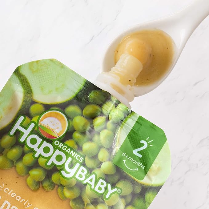 Happy Baby Organics Stage 2 Baby Food Pouches, Gluten Free, Vegan & Healthy Snack, Clearly Crafted Fruit & Veggie Puree, Pears, Zucchini & Peas, 4 Ounces (Pack of 16)
