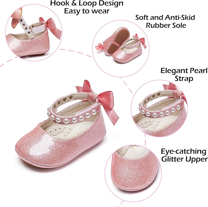 Baby Girls Mary Jane Flats - Infant Newborn Walking Shoes Soft Rubber Sole Princess Wedding