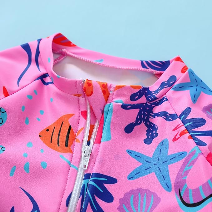 Infant Baby Girl Swimsuit One-Piece Long Sleeve Rash Guard with Hat Set Floral Zipper Bathing Suit Leopard Beach Wear