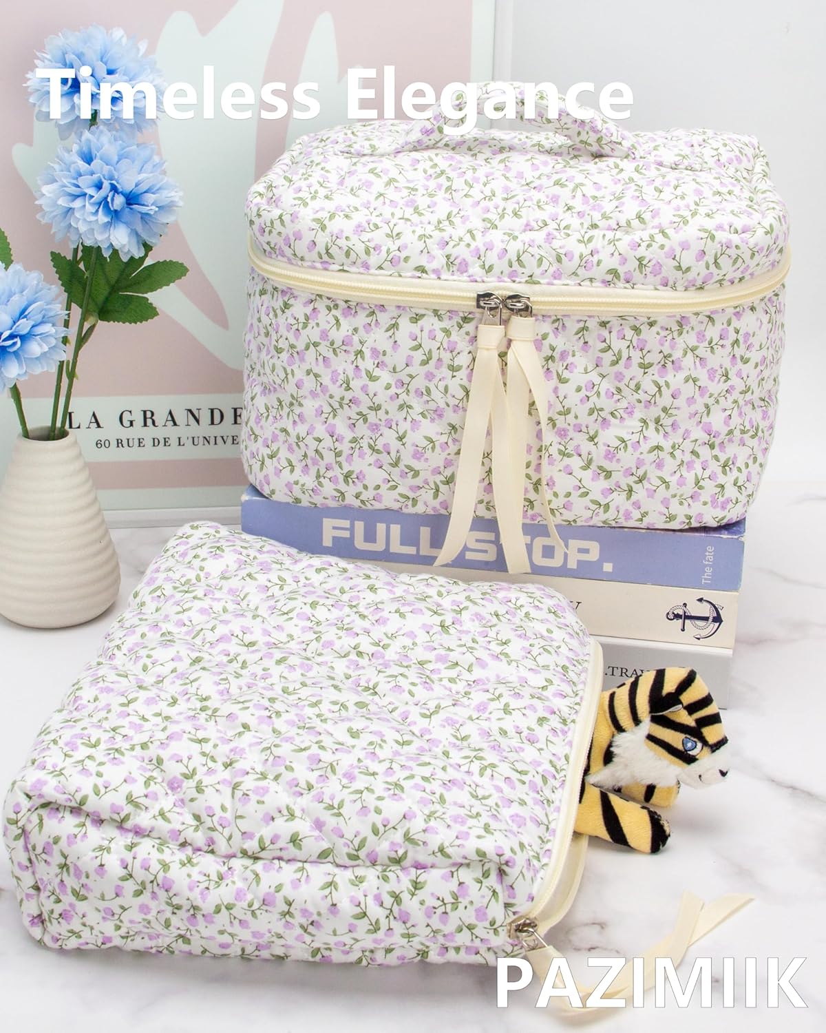 PAZIMIIK Quilted Makeup Bag Large Travel Zipper Soft Cosmetic Pouch for Women Girls Make Up,Floral Purple