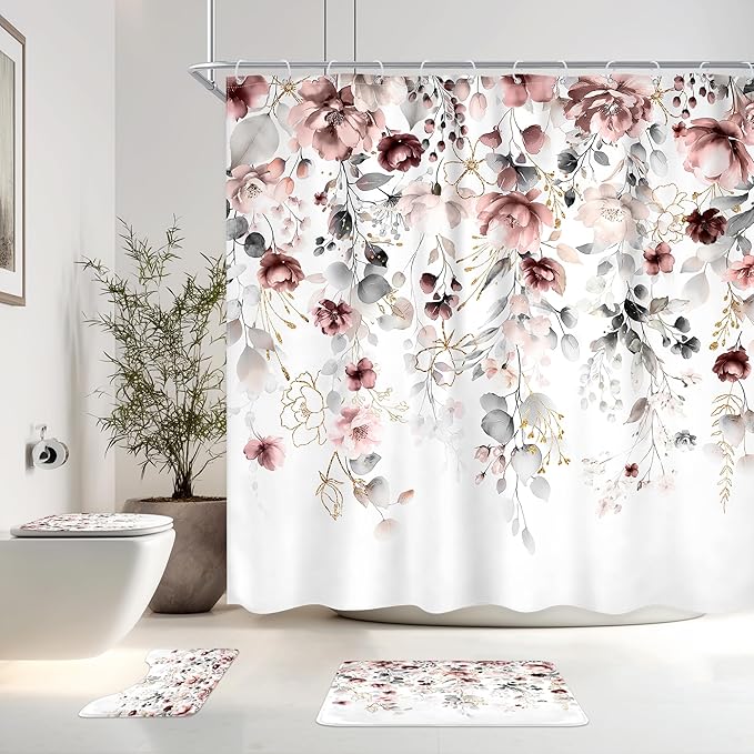4 PCS Pink Floral Flower Shower Curtain Set 72Wx72H Inch Watercolor Pastel by Ufeela