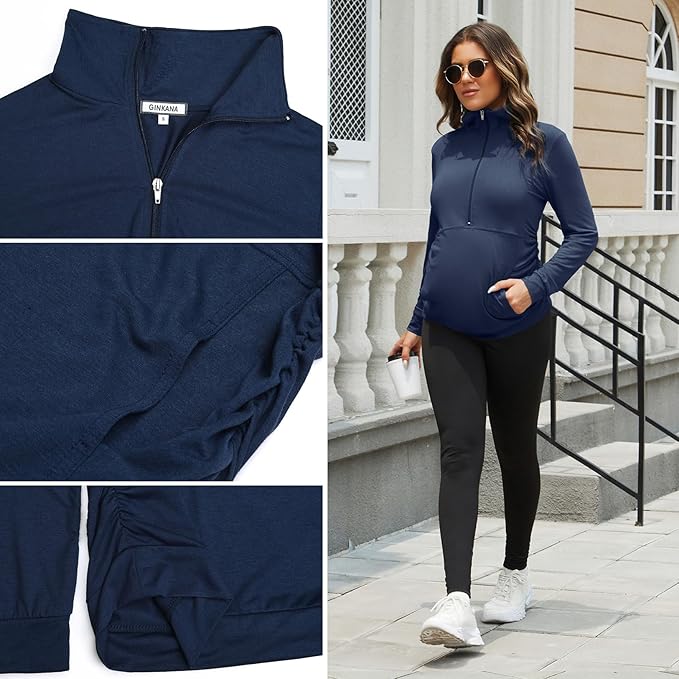 GINKANA Maternity Women's Long Sleeve Shirt Half Zipper Lapel Lightweight Casual Maternity Pullover with Pockets