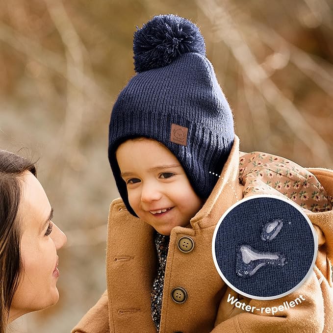 Baby Beanies, Baby Hats for Boys, Girls - Cute Toddler Winter Hat, Soft & Stretchy Beanies for Infant, Newborn 6-36 months, Cozy & Warm with Earflap Muff & Pom (Cobalt)