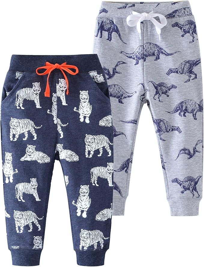 HUAER& Baby Boy's Jogger Pants Dinosaur Car Animal Print Drawstring Elastic Sweatpants 2-Pack