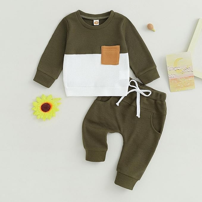 Toddler Baby Boy Fall Clothes Waffle Contrast Color Sweatshirt Pants Sets Infant Winter Outfits 6 12 18 24 Months