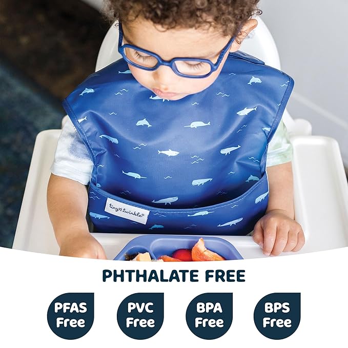 Tiny Twinkle Mess Proof Baby Bibs for Eating – Waterproof, Wipeable Toddler Bibs with Pocket – Baby Food Bibs for Girls & Boys(3 Pack,Sea, Dino)