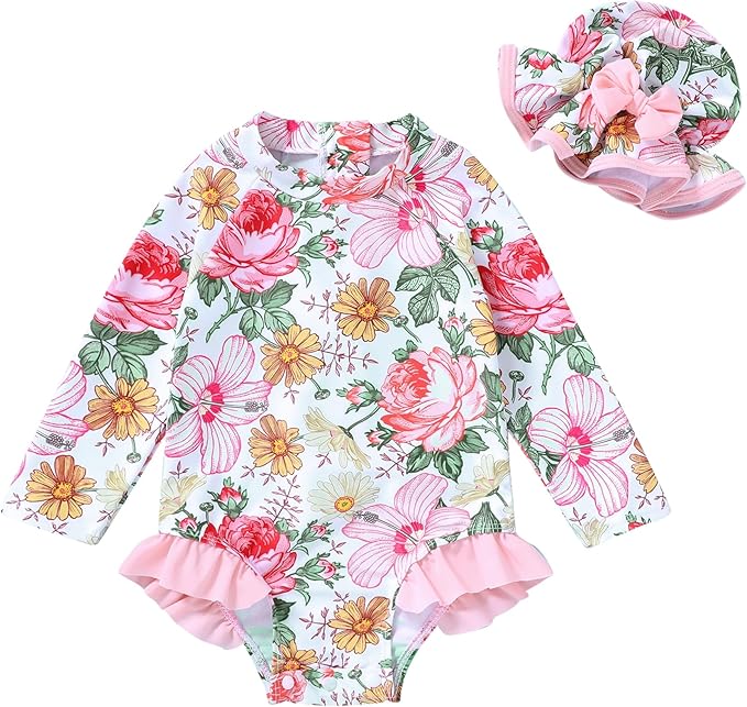 Infant Baby Girl Swimsuit One-Piece Long Sleeve Rash Guard with Hat Set Floral Zipper Bathing Suit Leopard Beach Wear