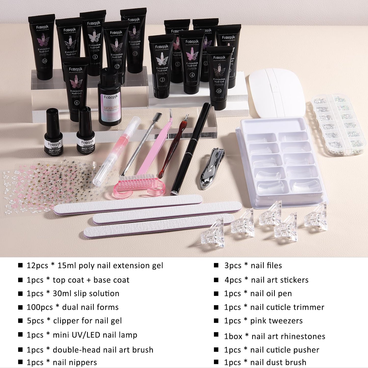 Poly Nail Gel Kit with UV Light, 12 Colors Clear Nude Pink Iridescent Glitter Extension Gel Builder Gel Starter Kit Base Top Coat Set Slip Solution Nail Gel Kit for Beginners with Everything