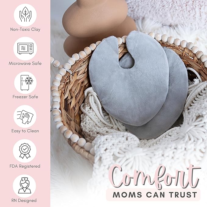 Cradle & Grace ClayLuxe Breast Therapy Packs, Natural Clay Hot & Cold Breast Pads with Covers & Bag, Reusable Breast Ice Packs for Mom's Breastfeeding Essentials