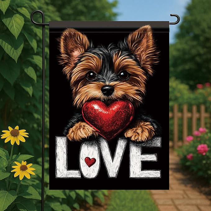Cute Kasha Dog Garden Flag Holding Red Heart Love Sign Double Sided Yard Banner - Image 2