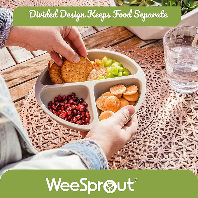 WeeSprout Silicone Plates for Babies & Toddlers (3 Pack) 100% Food-Grade Dishes for Self Feeding, Divided Design & Raised Edges for Picky Eaters, Dishwasher & Microwave Safe Weaning Supplies