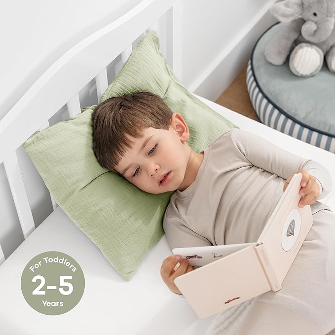 Comfy Cubs Toddler Pillow with Muslin Pillowcase, 13 x 18 in, 2 Pack - Travel and Sleep Support for Kids - Lightweight, Breathable Microfiber Fill - Soft and Cozy Small Pillow for Toddlers - Sage