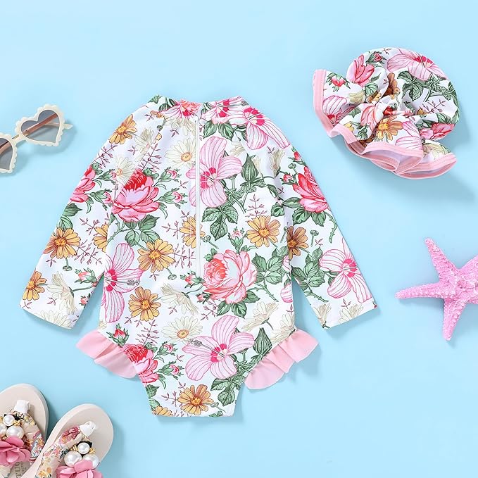 Infant Baby Girl Swimsuit One-Piece Long Sleeve Rash Guard with Hat Set Floral Zipper Bathing Suit Leopard Beach Wear