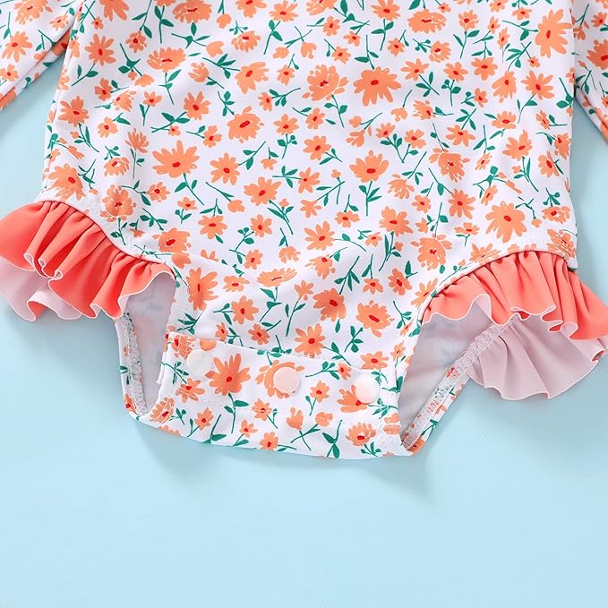 Infant Baby Girl Swimsuit One-Piece Long Sleeve Rash Guard with Hat Set Floral Zipper Bathing Suit Leopard Beach Wear