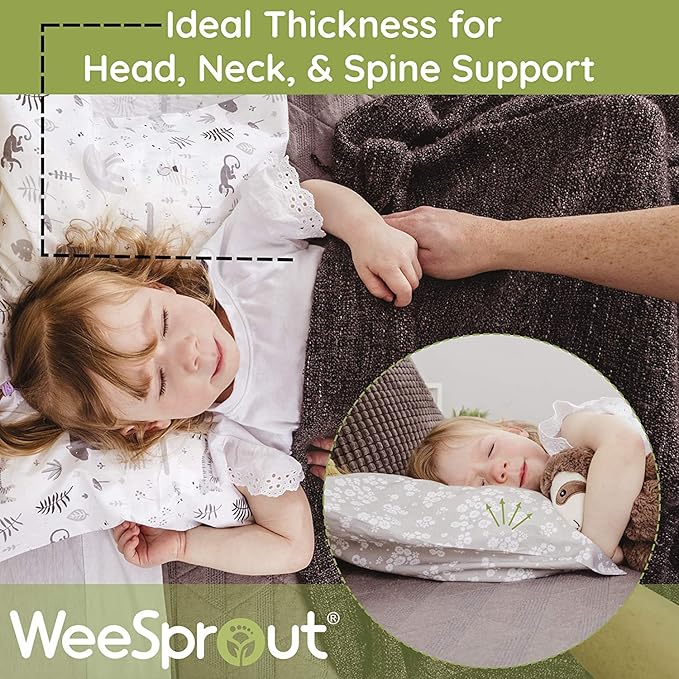 WeeSprout Toddler Polyester Organic Cotton Shell and 2 Pillowcases, Small Kids Pillow, Soft and Supportive Polyfiber Filling, Machine Washable, 18 x 13 x 3 (White + Floral Print, 3 Piece Set)