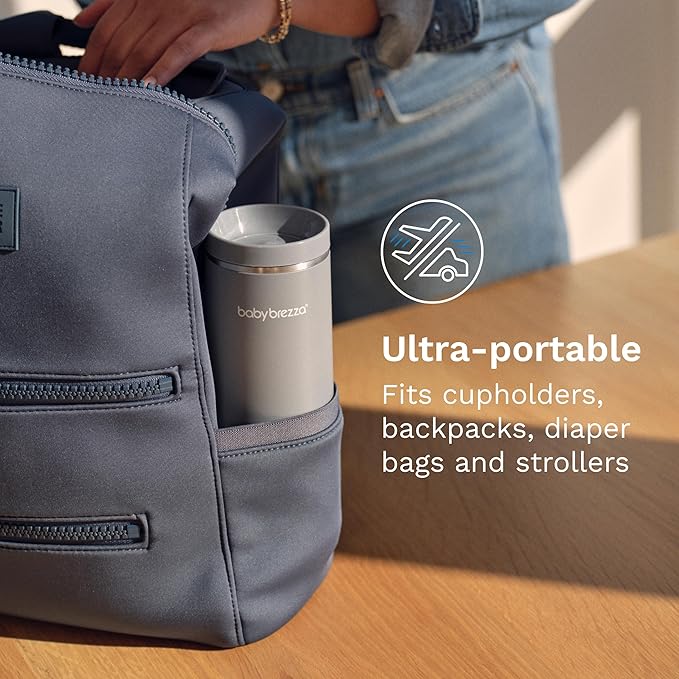 Baby Brezza Portable Warmer – 67% Faster Baby Bottle Warming - Travel Breastmilk and Formula Warmer - Safe, Even Heating - Up to 9oz - No Adapters, Grey