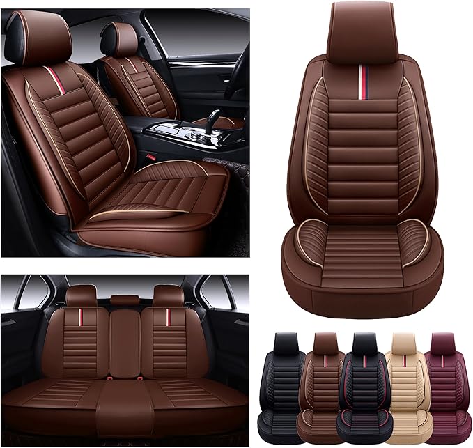 OASIS AUTO Car Seat Covers Premium Waterproof Faux Leather Cushion Universal Accessories Fit SUV Truck Sedan Automotive Vehicle Auto Interior Protector Full Set (OS-001 Brown)