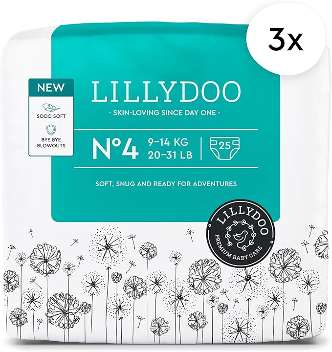 LILLYDOO Baby Diapers - Size 4 (20-31 lbs), Half-Monthly Supply (75 Count), Leak Protection, Skin-Friendly, Ultrasoft, Perfume- & Chlorine-Free, Hypoallergenic, Dermatologist Tested, Oeko-TEX®