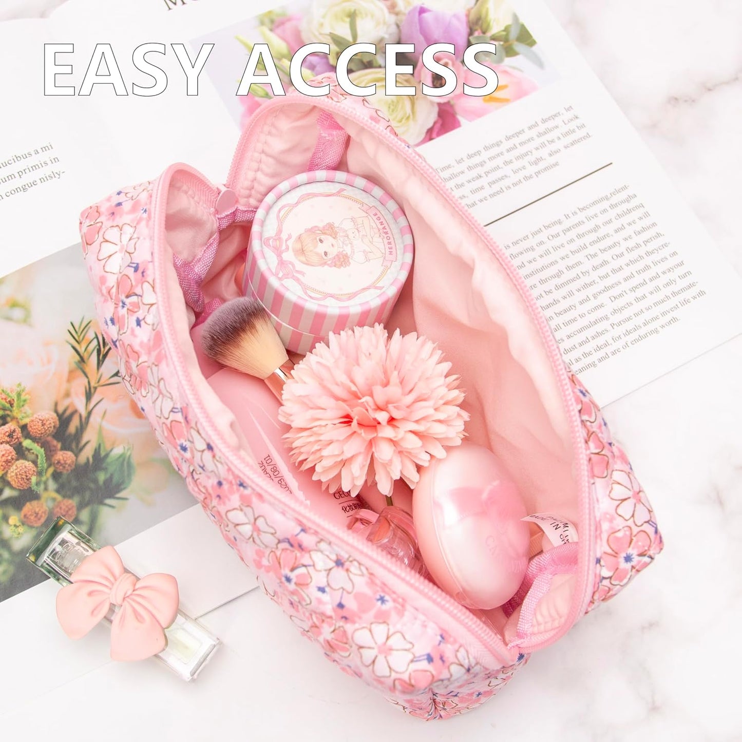 PAZIMIIK Vintage Quilted Makeup Bag Cosmetic Pouch for Brushes Pencils and Travel Make Up Accessories for Women and Girls Floral Pink